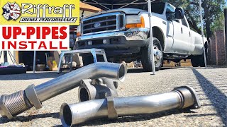 2001 F350 73  RiffRaff UpPipes Install  Stock up pipes leaking and falling apart JUNK SP [upl. by Guthrie822]